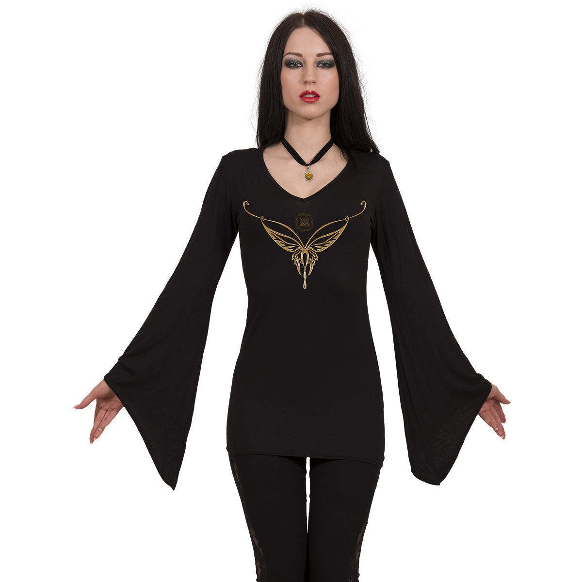 LOTR - ELVEN NECKLACE - V Neck Goth Sleeve Top Black