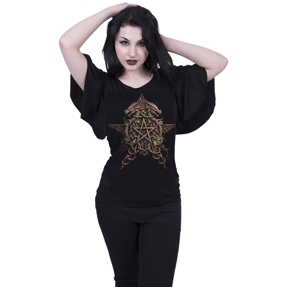 WOODLAND KING - Camiseta con cuello barco y mangas de murciélago, negra