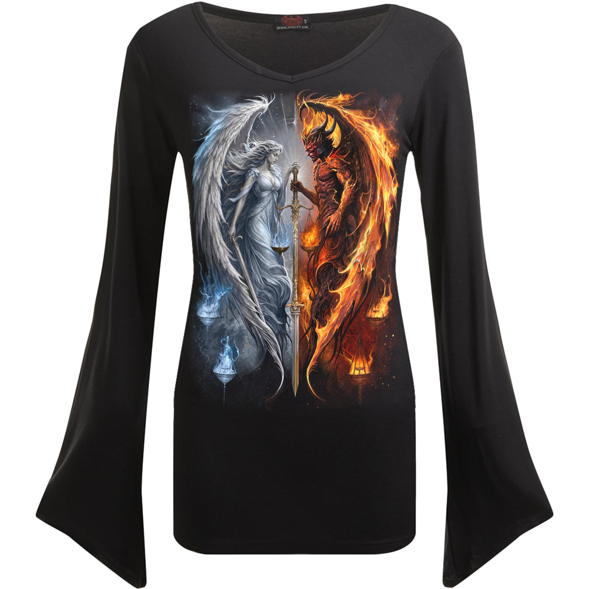 ÁNGEL Y DEMONIO - Camiseta negra con cuello en V y mangas góticas