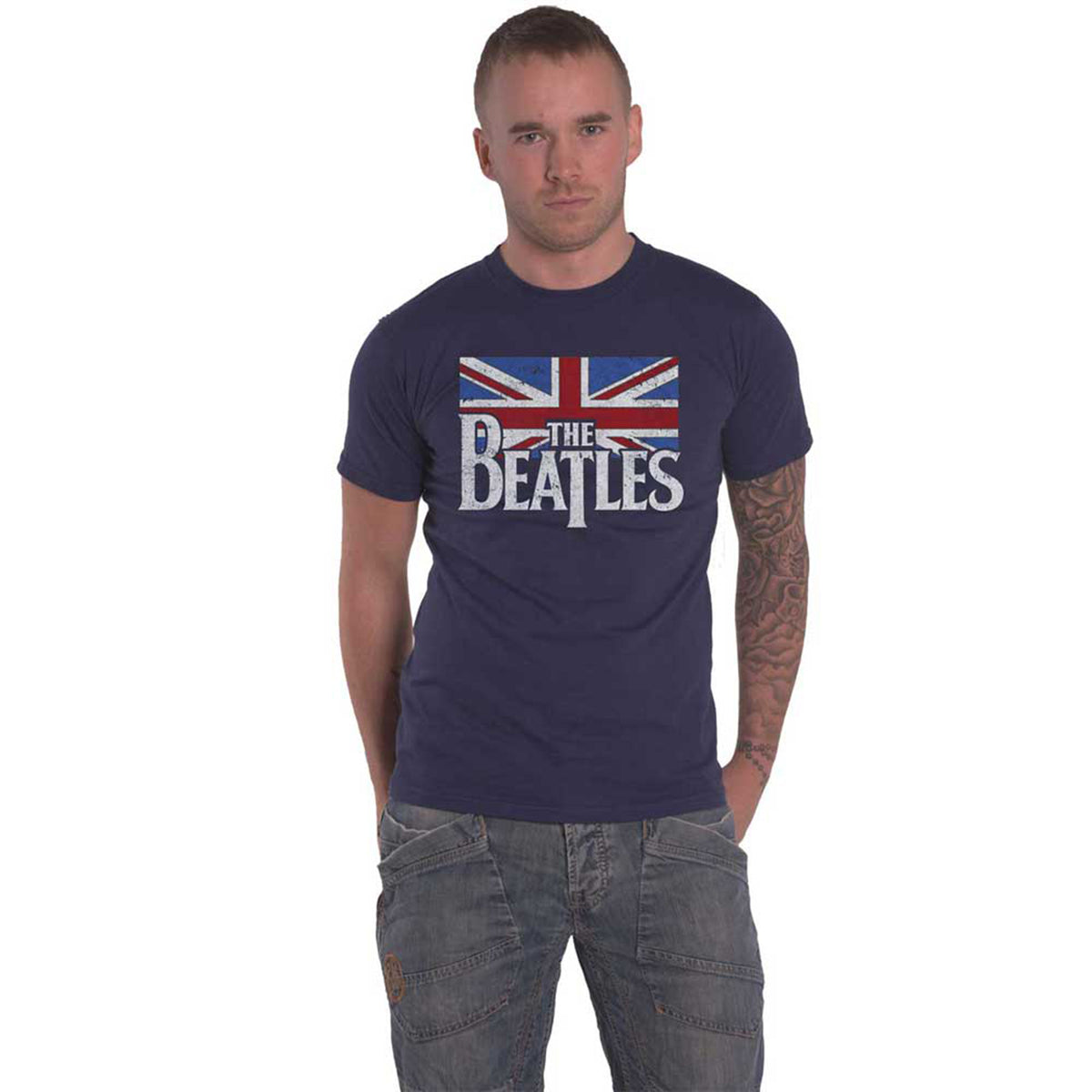 BEATLES, THE - DROP T LOGO & VINTAGE FLAG - T-Shirt Blue