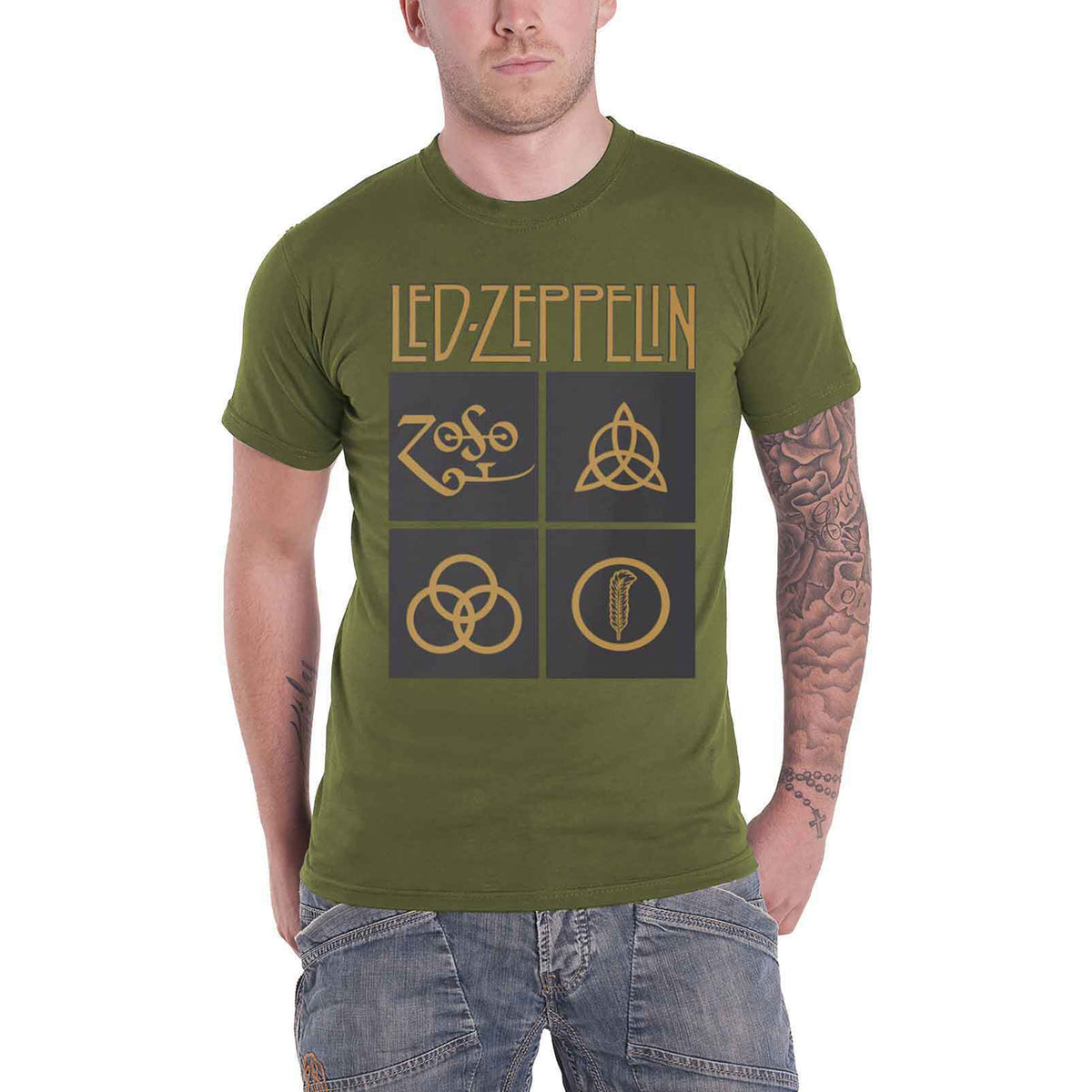 LED ZEPPELIN - GOLD SYMBOLS IN BLACK SQUARE - T-Shirt Green