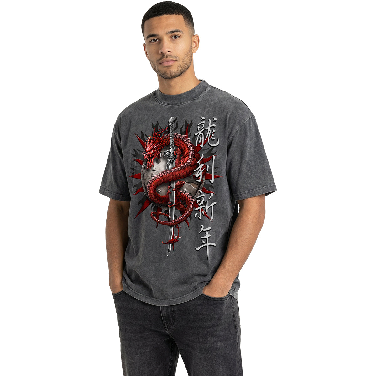 ORIENTAL DRAGON - Camiseta Box Lavado Ácido Carbón