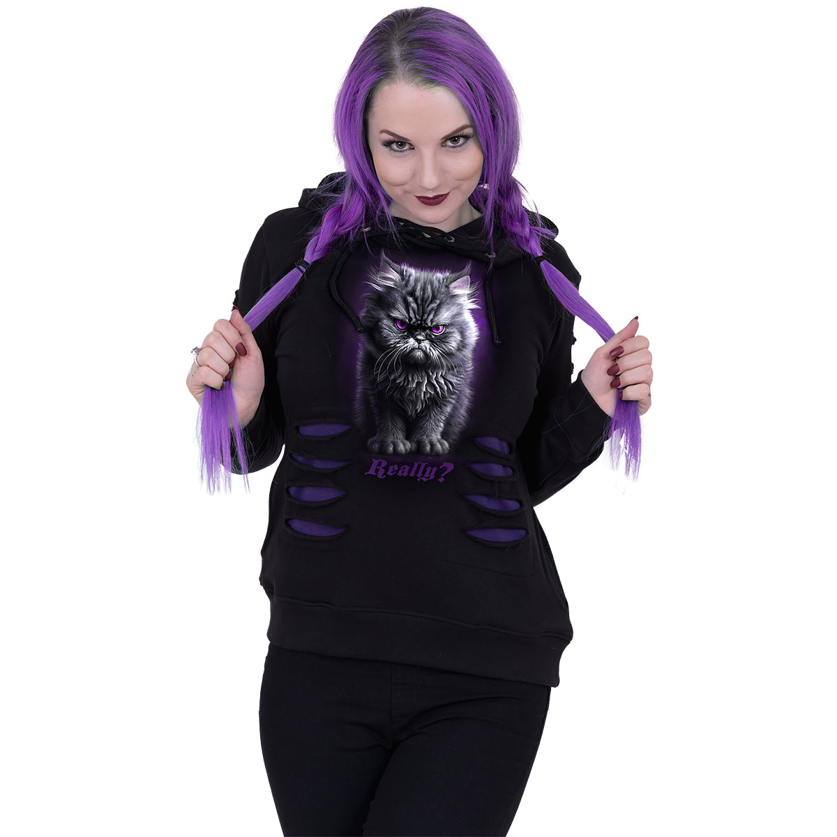 ANGER MANAGEMENT - Sudadera con capucha grande rasgada morado-negro