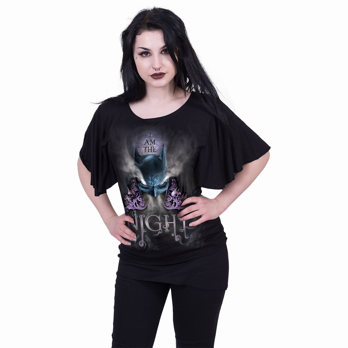 BATMAN - YO SOY LA NOCHE - Cuello Barco Camiseta Manga Murciélago Negro