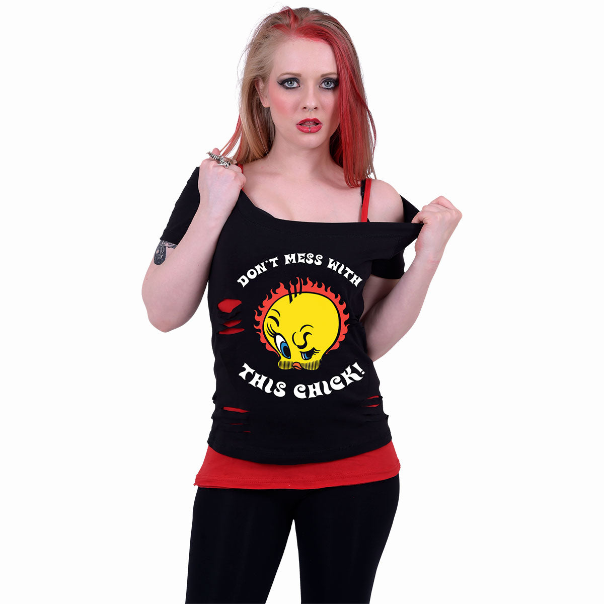 TWEETY - TOUGH CHICK - 2en1 Top Rojo Rasgado Negro