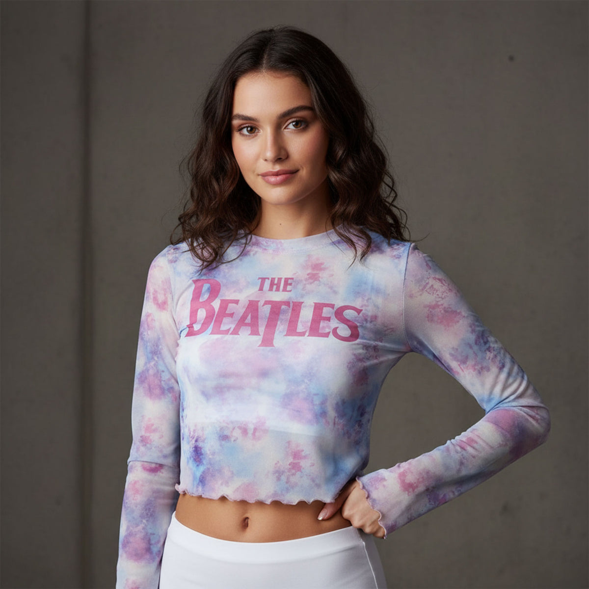 THE BEATLES - DROP T LOGO - Ladies Long Sleeve Crop Top White