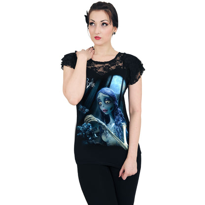 CORPSE BRIDE - GLOW IN THE DARK - Top de encaje con mangas casquillo Negro