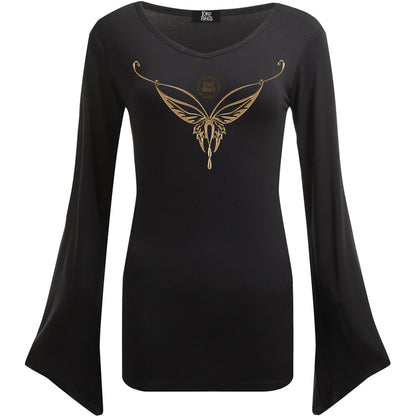 LOTR - COLLAR ELVEN - Top Cuello V Manga Gótica Negro