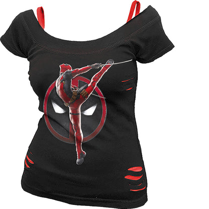 DEADPOOL - POSE - 2in1 Red Ripped Top Black