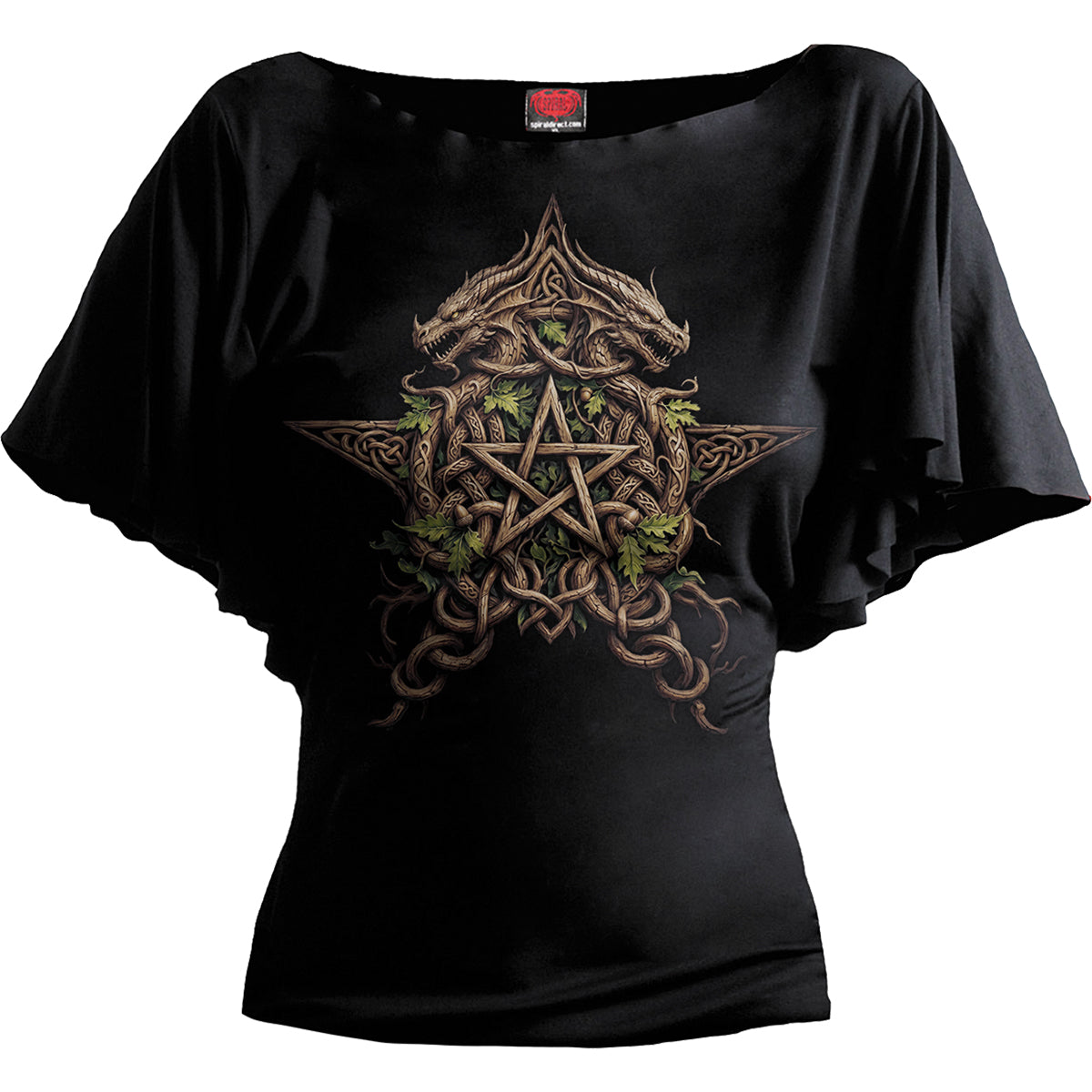 WOODLAND KING - Camiseta con cuello barco y mangas de murciélago, negra