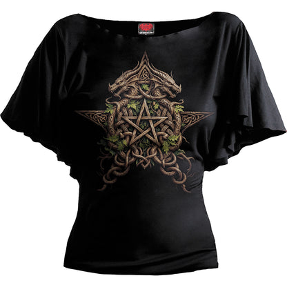 WOODLAND KING - Camiseta con cuello barco y mangas de murciélago, negra