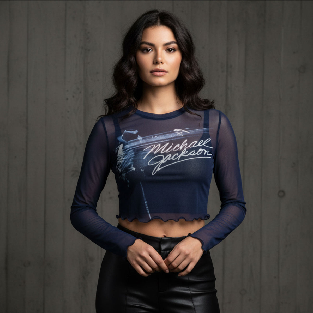 MICHAEL JACKSON - BLURRED - Ladies Long Sleeve Crop Top Blue