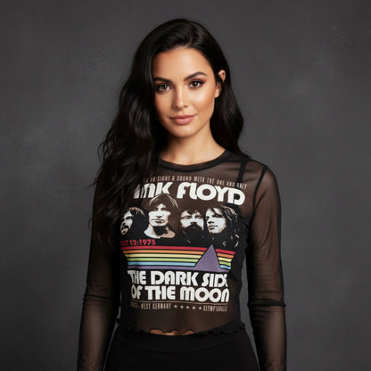 PINK FLOYD - VINTAGE STRIPES - Ladies Long Sleeve Crop Top Black