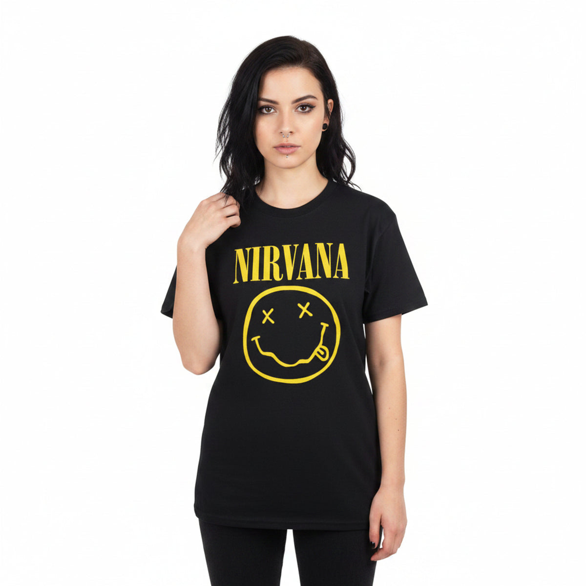 NIRVANA - YELLOW HAPPY FACE - Ladies T-Shirt Black
