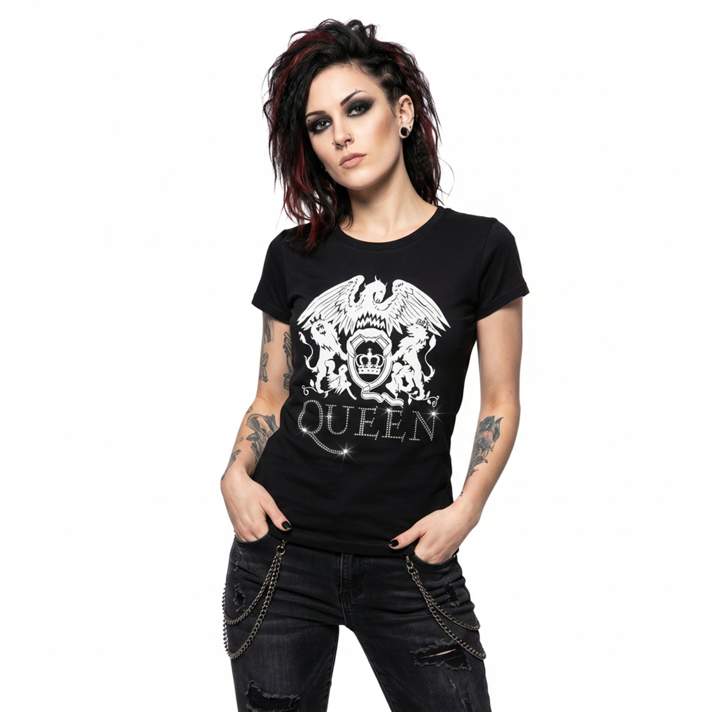 QUEEN - LOGO - Ladies T-Shirt Black (Embellished)