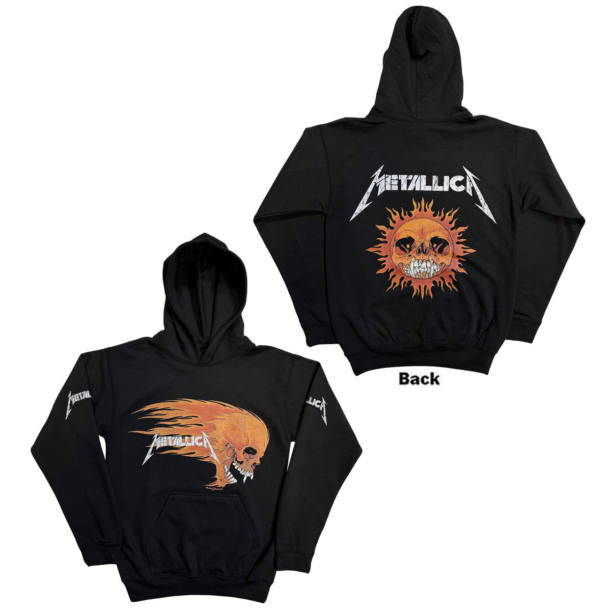 METALLICA - WORN PUSHEAD FLAMING SKULL - Pullover Hoodie Black (Back Print)