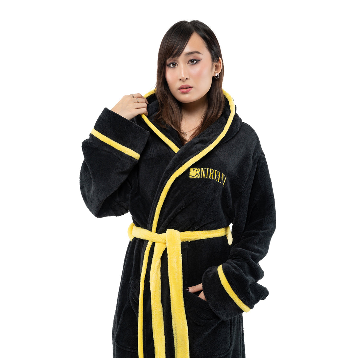 NIRVANA - YELLOW HAPPY FACE - Bathrobe Black (Back Print)