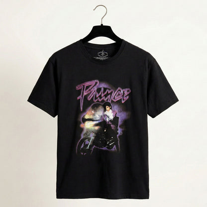 PRINCE - CONTORNO DEL LOGO DE LA LLUVIA PÚRPURA - Camiseta Carbono Negra (Estampado dorsal)