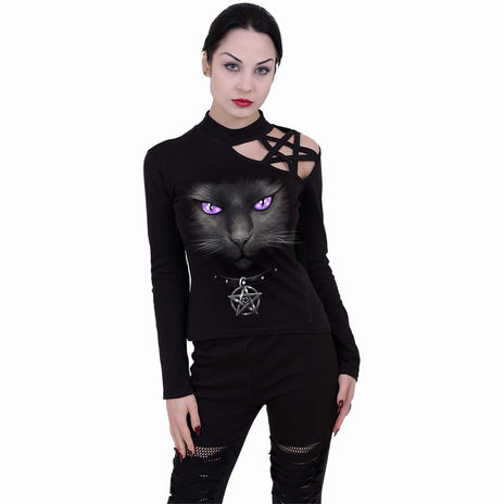 BLACK CAT - Camiseta de manga larga con hombros pentagrama