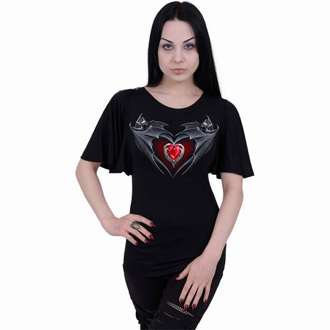 CORAZÓN DE BAT - Top Cuello Barco Manga Murciélago Negro