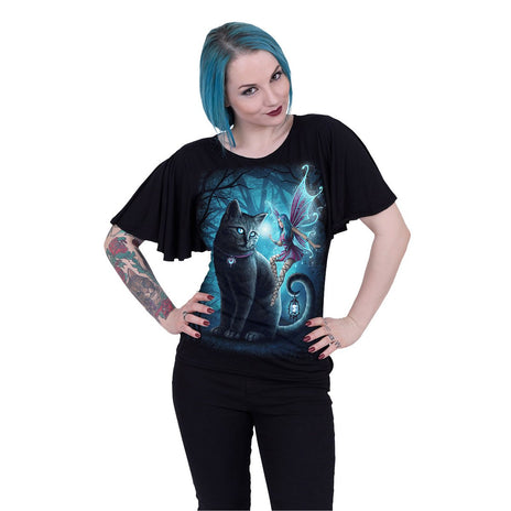 CAT AND FAIRY - Top Cuello Barco Manga Murciélago Negro