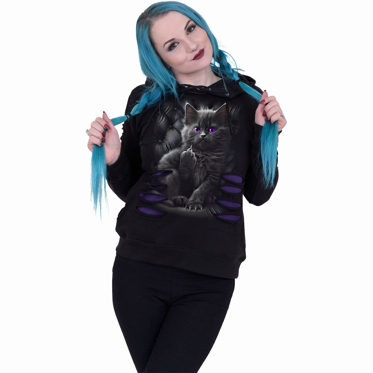 CATTITUDE - Capucha grande Ripped Hoody Morado-Negro