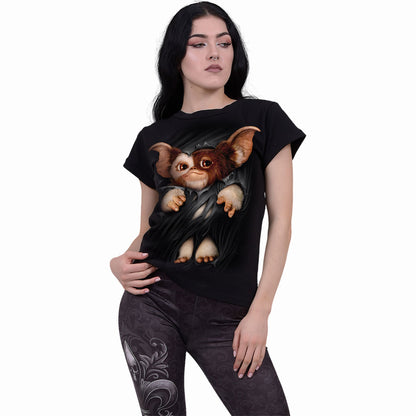 GREMLINS - GIZMO - Camiseta de cuello barco y manga casquillo Negro