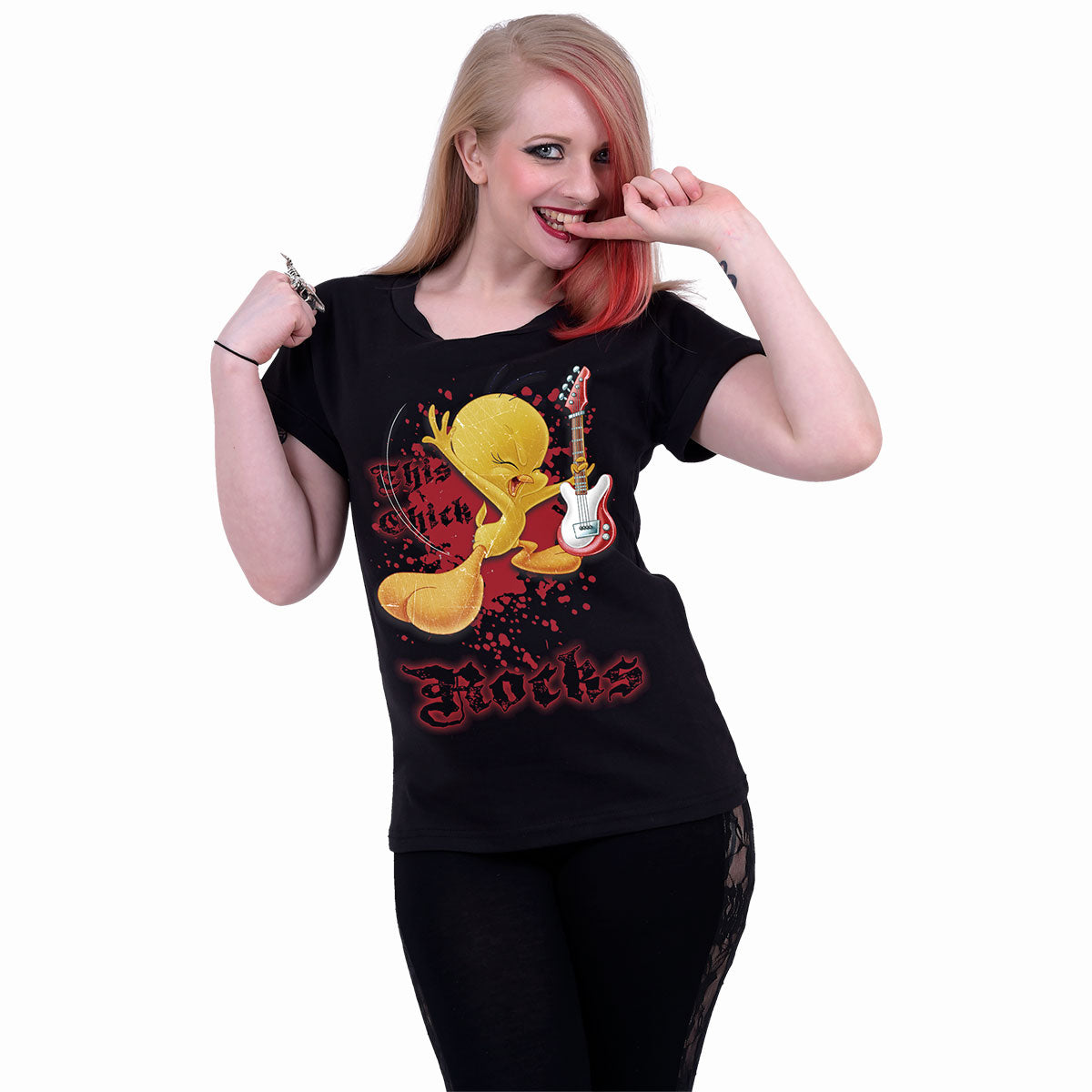 TWEETY - THIS CHICK ROCKS - Top Cuello Barco Manga Casquillo Negro