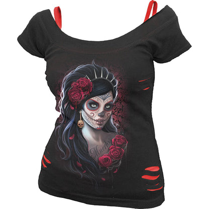 DAY OF THE DEAD - 2in1 Red Ripped Top Black - Spiral USA