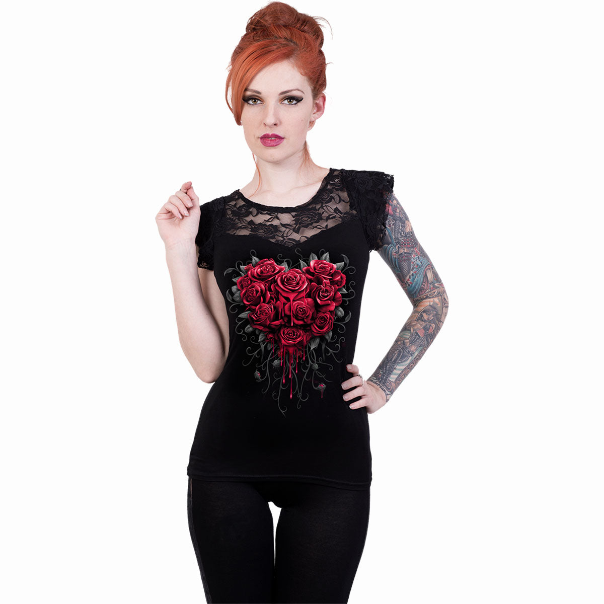 BLEEDING HEART - Top de encaje con mangas casquillo Negro