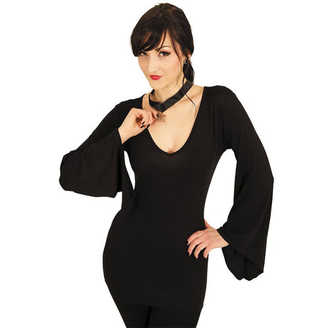GOTHIC ELEGANCE - Top Cuello V Manga Gótica Negro