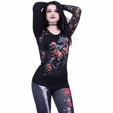 DRAGON ROSE SLANT - Top de encaje con un hombro Negro